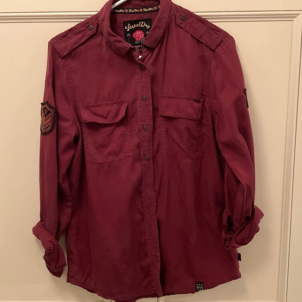 Superdry Military Maroon Collared Shirt With Patches Size S